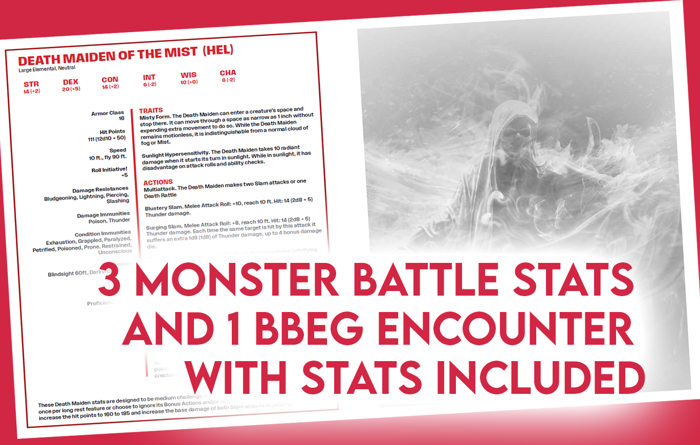 Stat block preview — 3 monster battle stats and 1 BBEG encounter with stats included.